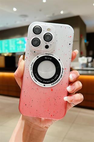 Apple iPhone Uyumlu Benekli Şeffaf Slim Magsafe Kılıf Kırmızı