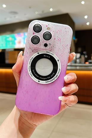 Apple iPhone Uyumlu Benekli Şeffaf Slim Magsafe Kılıf Mor