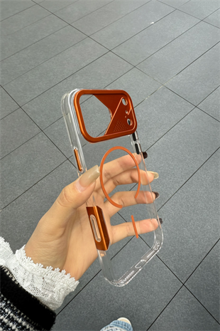 Apple iPhone Uyumlu Frame MagSafe Şeffaf Kılıf – Metal Kamera Çerçeveli, Darbe Korumalı Turuncu