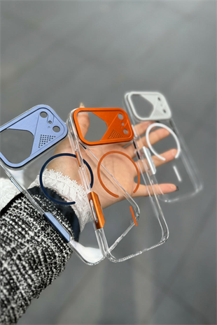 Apple iPhone Uyumlu Frame MagSafe Şeffaf Kılıf – Metal Kamera Çerçeveli, Darbe Korumalı Gümüş