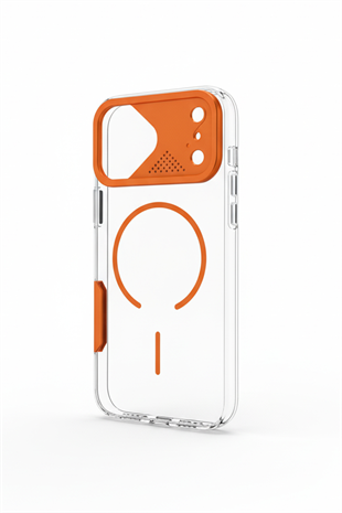 Apple iPhone Uyumlu Frame MagSafe Şeffaf Kılıf – Metal Kamera Çerçeveli, Darbe Korumalı Turuncu
