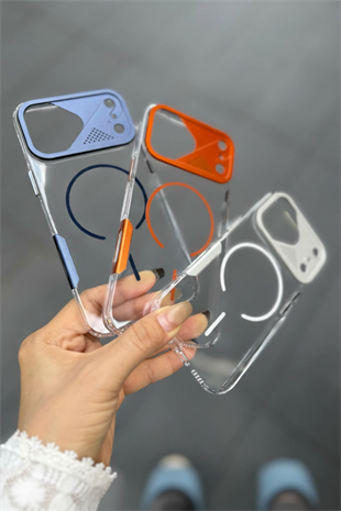 Apple iPhone Uyumlu Frame MagSafe Şeffaf Kılıf – Metal Kamera Çerçeveli, Darbe Korumalı Mavi