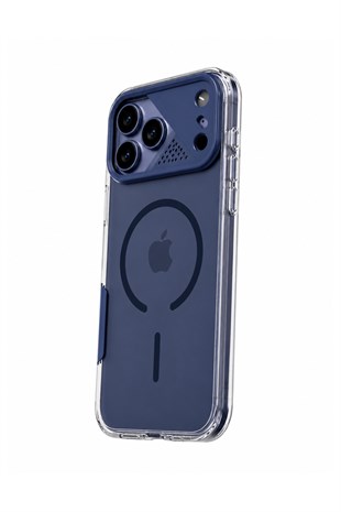 Apple iPhone Uyumlu Frame MagSafe Şeffaf Kılıf – Metal Kamera Çerçeveli, Darbe Korumalı Mavi