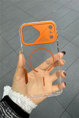 Apple iPhone Uyumlu Frame MagSafe Şeffaf Kılıf – Metal Kamera Çerçeveli, Darbe Korumalı Turuncu