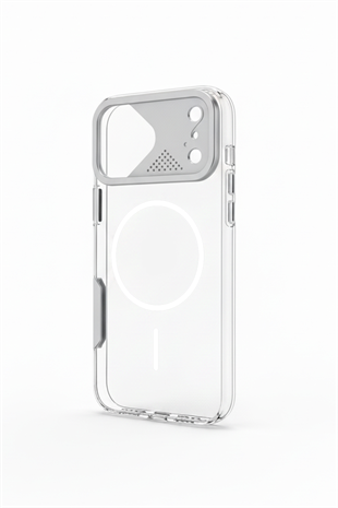 Apple iPhone Uyumlu Frame MagSafe Şeffaf Kılıf – Metal Kamera Çerçeveli, Darbe Korumalı Gümüş