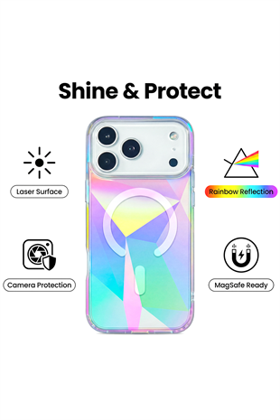 Apple iPhone Uyumlu PrismEdge MagSafe Şeffaf Kılıf – Lazer Optik Rainbow Yansımalı Şeffaf