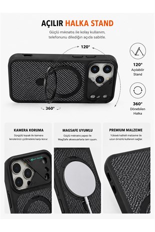 Apple iPhone Uyumlu RingStand MagSafe Kılıf - Kamera Korumalı, Standlı, Karbon Desenli Kılıf Siyah