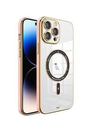 Apple iPhone Uyumlu Şeffaf Buzlu Gold Magsafe Kılıf Pembe