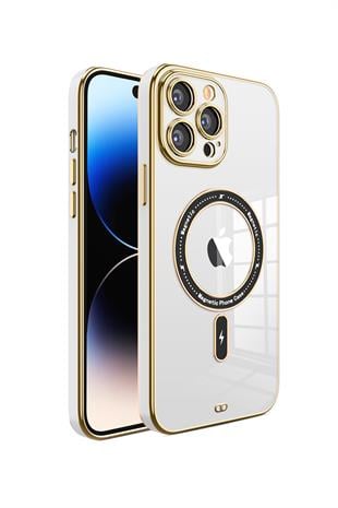 Apple iPhone Uyumlu Şeffaf Buzlu Gold Magsafe Kılıf Beyaz
