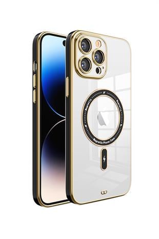 Apple iPhone Uyumlu Şeffaf Buzlu Gold Magsafe Kılıf Siyah