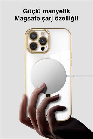Apple iPhone Uyumlu Şeffaf Buzlu Gold Magsafe Kılıf Beyaz