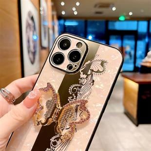Apple iPhone Uyumlu Taşlı Kelebek Standlı Kılıf Pembe