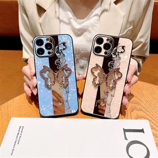 Apple iPhone Uyumlu Taşlı Kelebek Standlı Kılıf Pembe