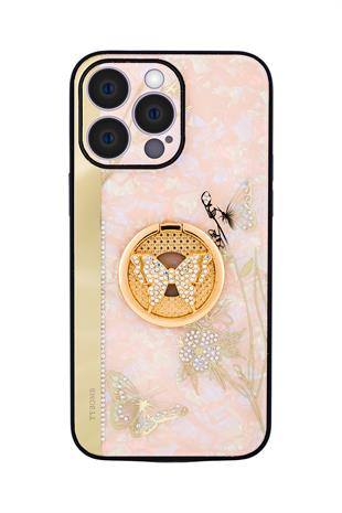 Apple iPhone Uyumlu Taşlı Kelebek Yüzüklü Kılıf Pembe