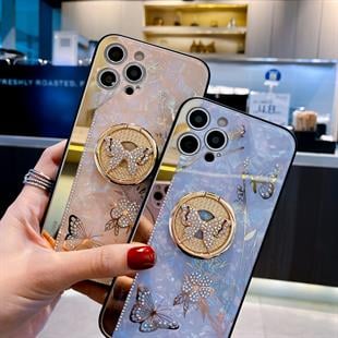 Apple iPhone Uyumlu Taşlı Kelebek Yüzüklü Kılıf Pembe