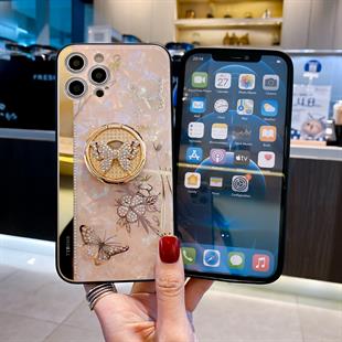 Apple iPhone Uyumlu Taşlı Kelebek Yüzüklü Kılıf Pembe