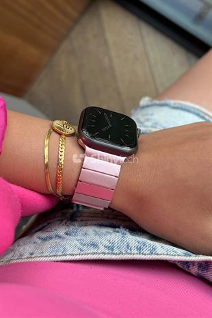 Apple Watch Uyumlu Baklalı Çelik Kordon Pembe