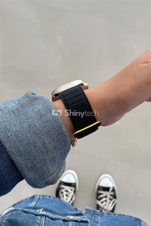 Apple Watch Uyumlu Ultra Manyetik Silikon Kordon Siyah/Sarı