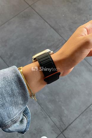 Apple Watch Uyumlu Ultra Manyetik Silikon Kordon Siyah/Turuncu