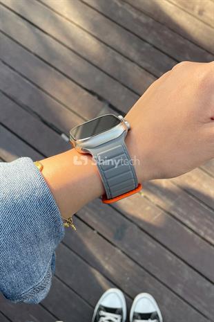 Apple Watch Uyumlu Ultra Manyetik Silikon Kordon Gri/Turuncu