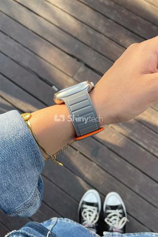 Apple Watch Uyumlu Ultra Manyetik Silikon Kordon Gri/Turuncu