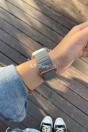Apple Watch Uyumlu Ultra Manyetik Silikon Kordon Gri/Turuncu