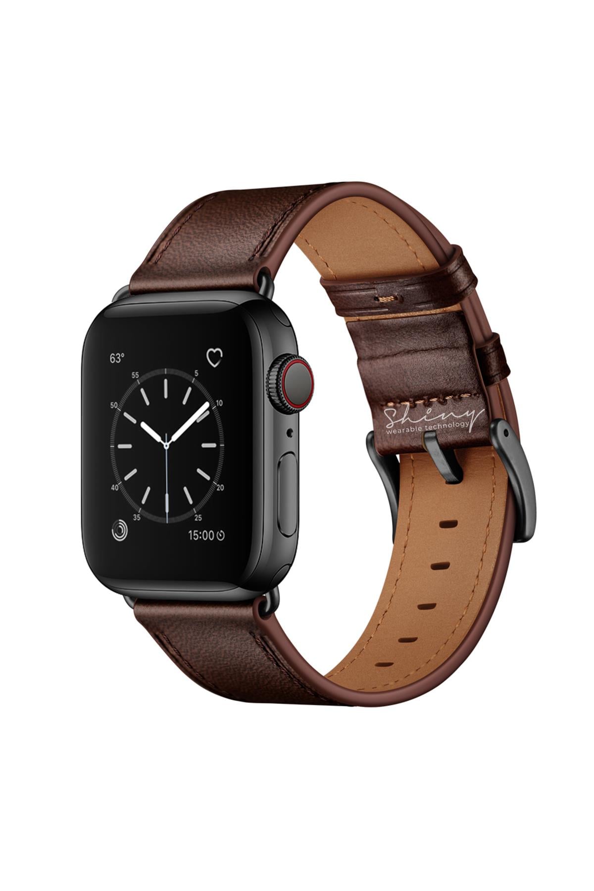 Apple Watch Uyumlu Hakiki Deri Kordon Koyu Kahverengi - ShinyTECH