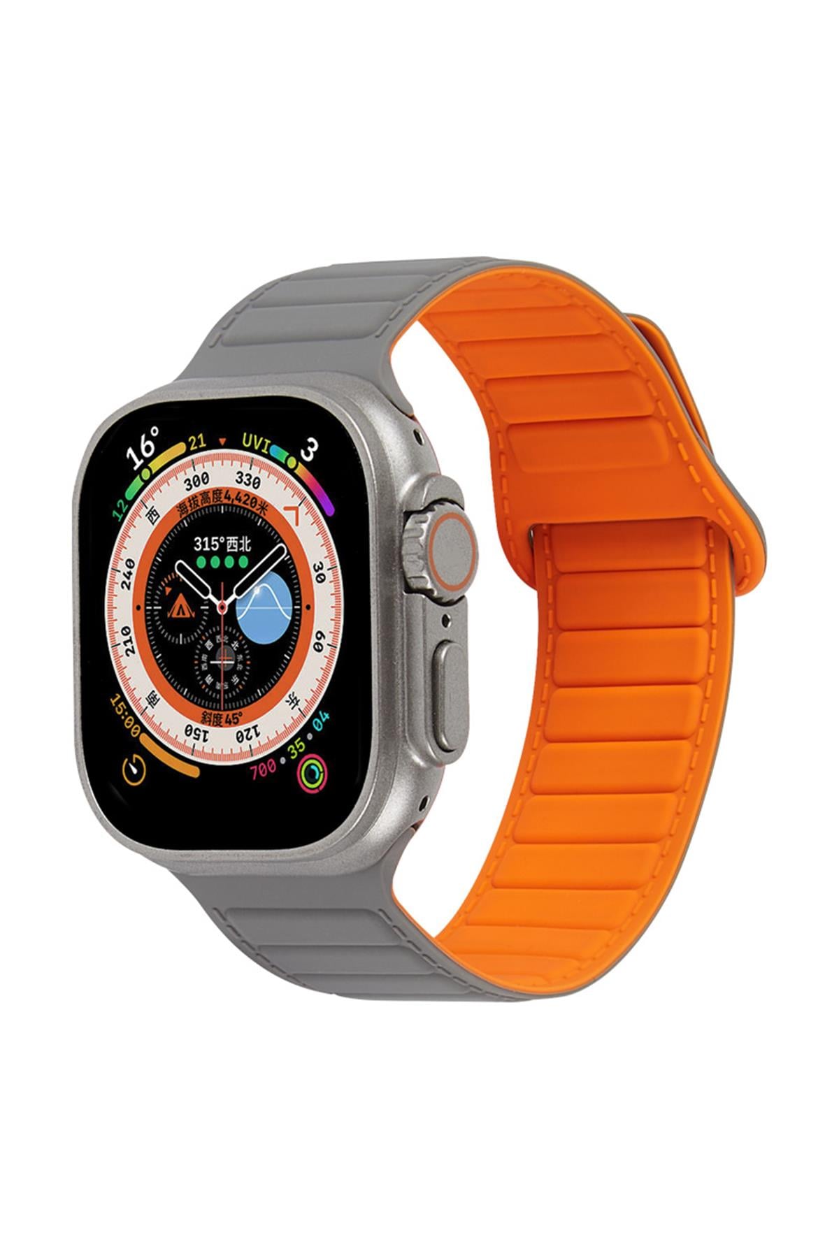 Apple Watch Uyumlu Ultra Manyetik Silikon Kordon Gri/Turuncu - ShinyTECH