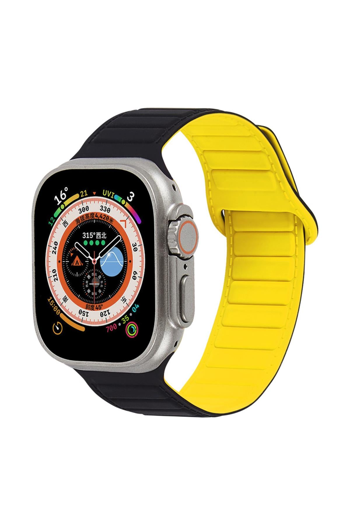 Apple Watch Uyumlu Ultra Manyetik Silikon Kordon Siyah/Sarı - ShinyTECH