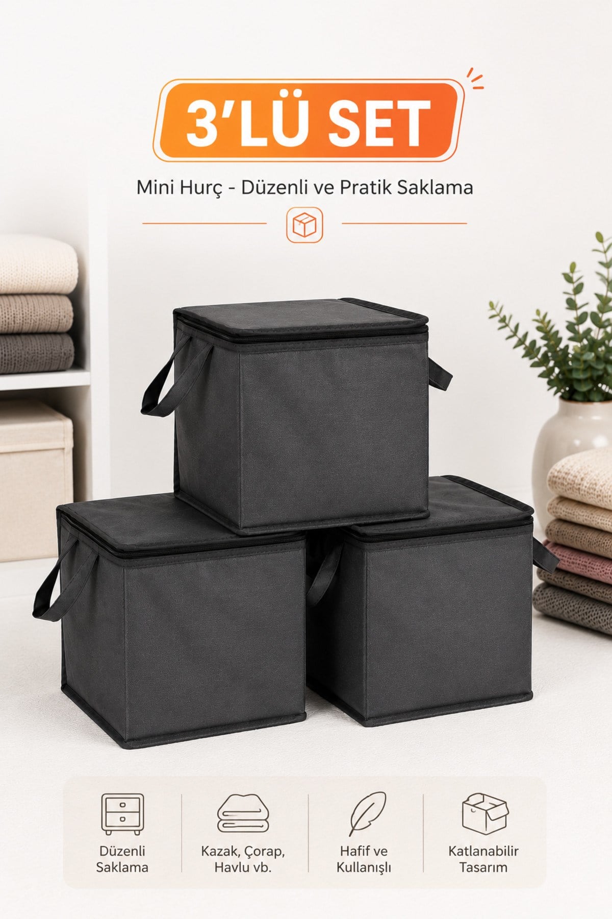 3’lü Set Mini Hurç Antrasit 25x25x25 cm Fermuarlı Çorap Kazak Havlu Saklama Hurcu