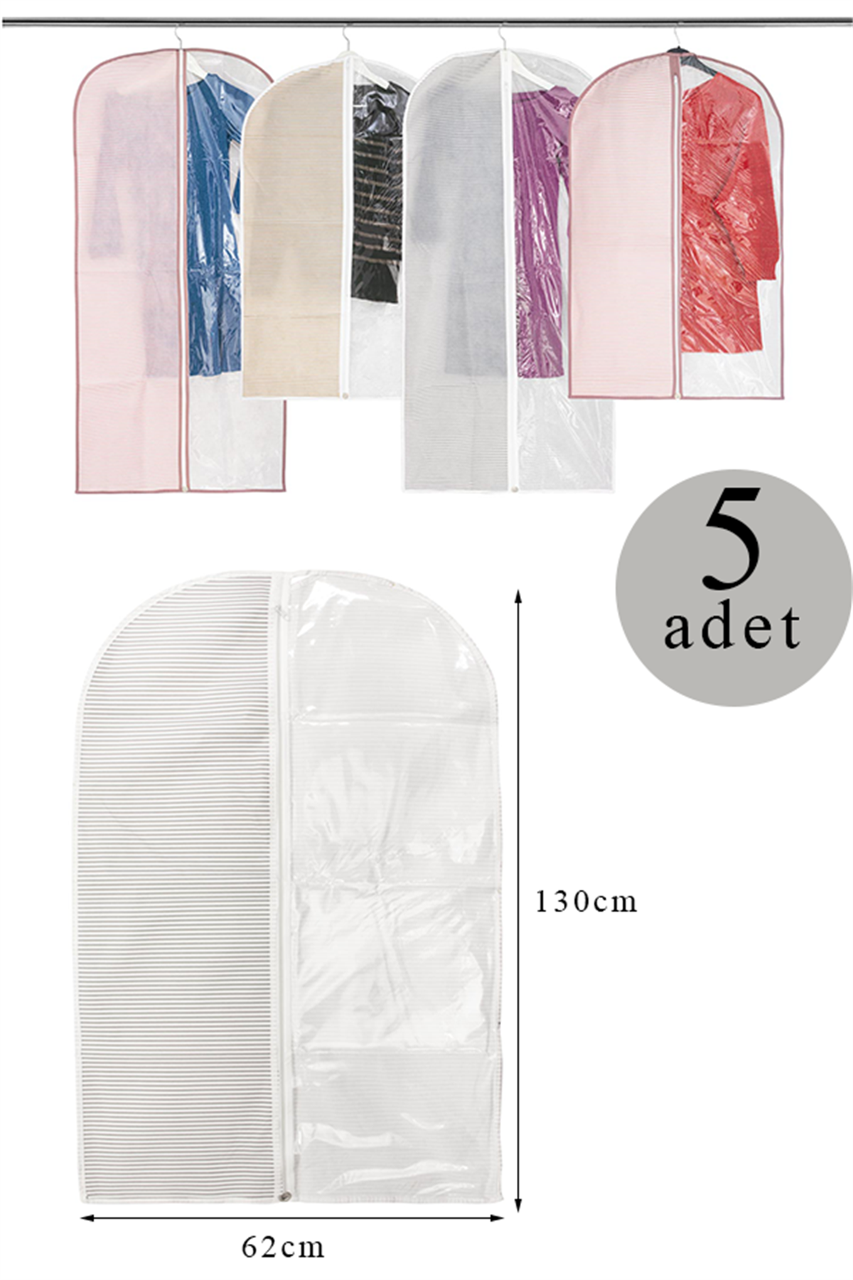5 Adet Lüks Pencereli Elbise Kılıfı Büyük Boy 62 x 130 cm
