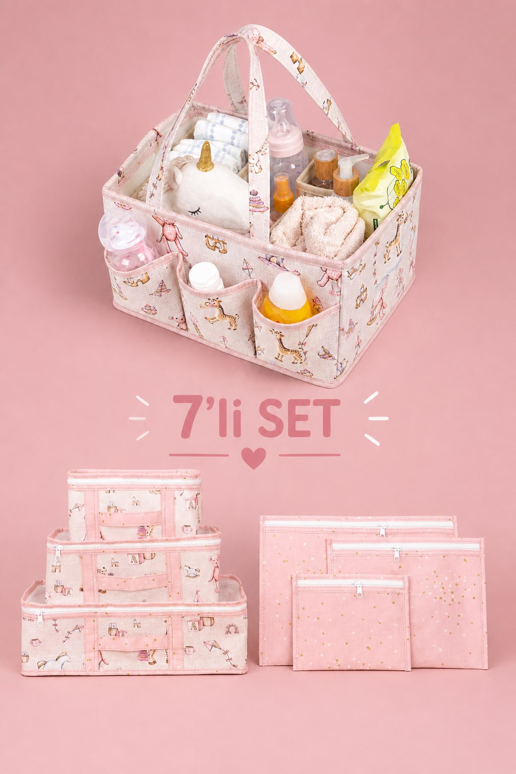 7'li Yenidoğan Hastane Çıkış Organizer Set - Bölmeli Bebek Bakım Çantası - 6 Parça Valiz İçi Düzenleyici (Pembe)
