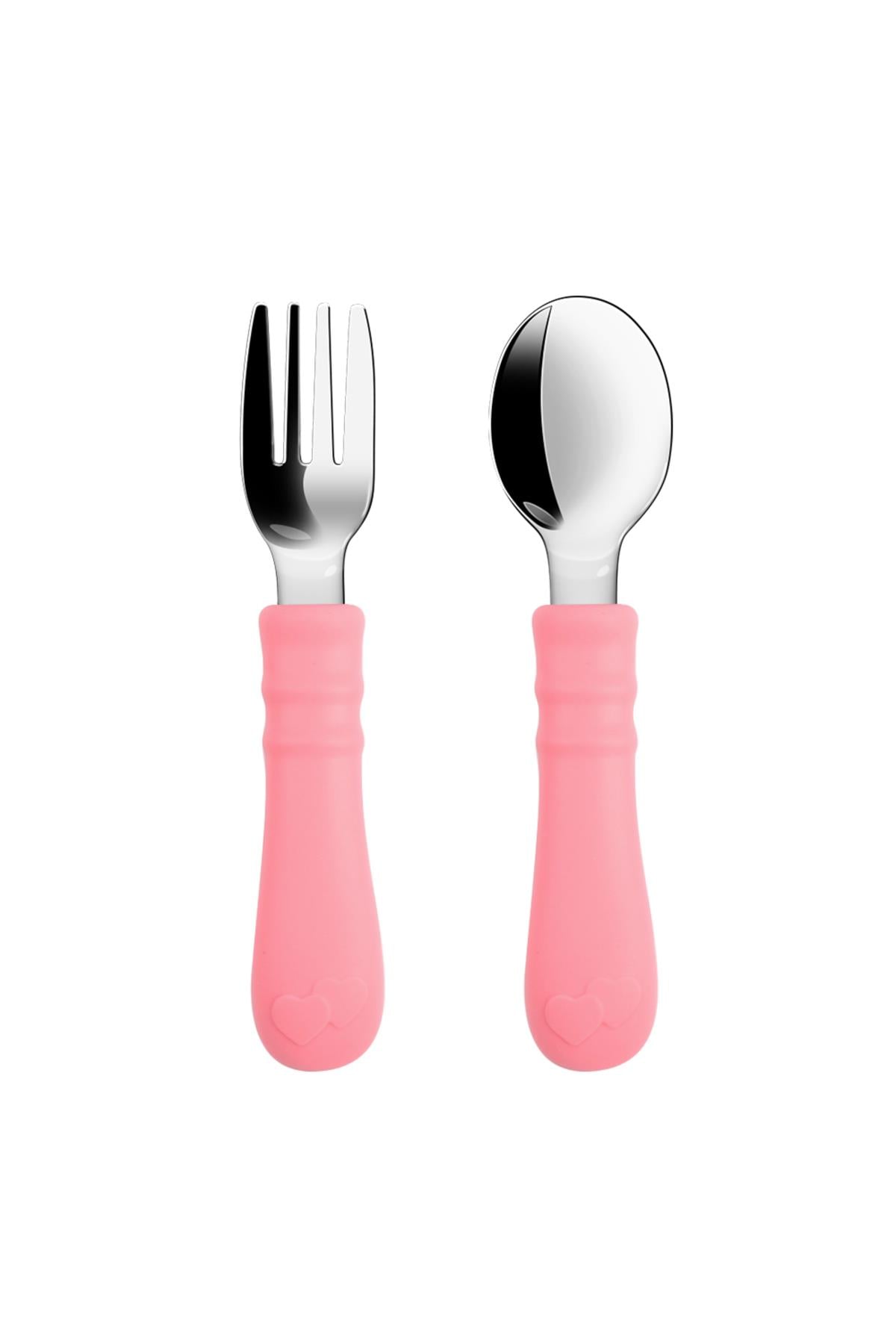 Silikon Saplı Paslanmaz Çelik Bebek Kaşık Çatal Seti Açık Pembe