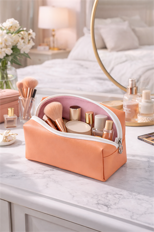 Deri Makyaj Kozmetik Çantası Seyahat Tipi Çanta Organizer Şeftali