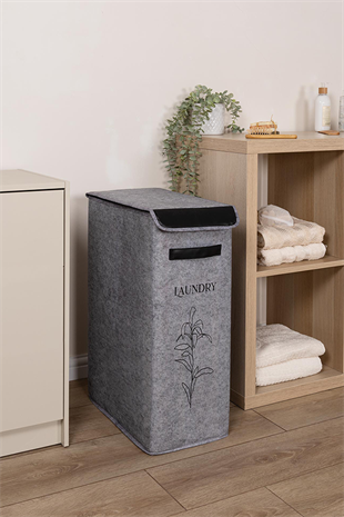 Felted Deri Detaylı Lüks Keçe Çamaşır Sepeti