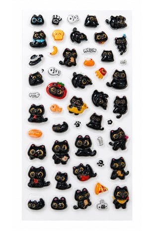 Kendinden Yapışkanlı Kabartmalı Kedili Sticker Seti – Sevimli Siyah Kedi, Pati ve Mama Motifli Dekoratif Çıkartma Süs
