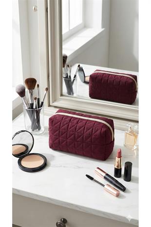 Lüks Bordo Kapitone Desenli Makyaj ve Kozmetik Çantası