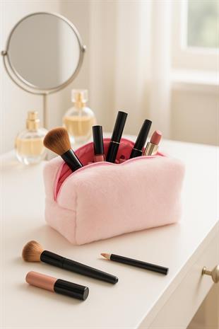 Peluş Yumuşacık Makyaj Çantası - Kozmetik Organizeri Pembe