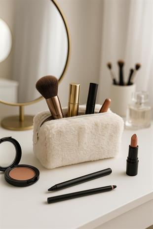 Peluş Yumuşacık Makyaj Çantası - Kozmetik Organizeri Ekru