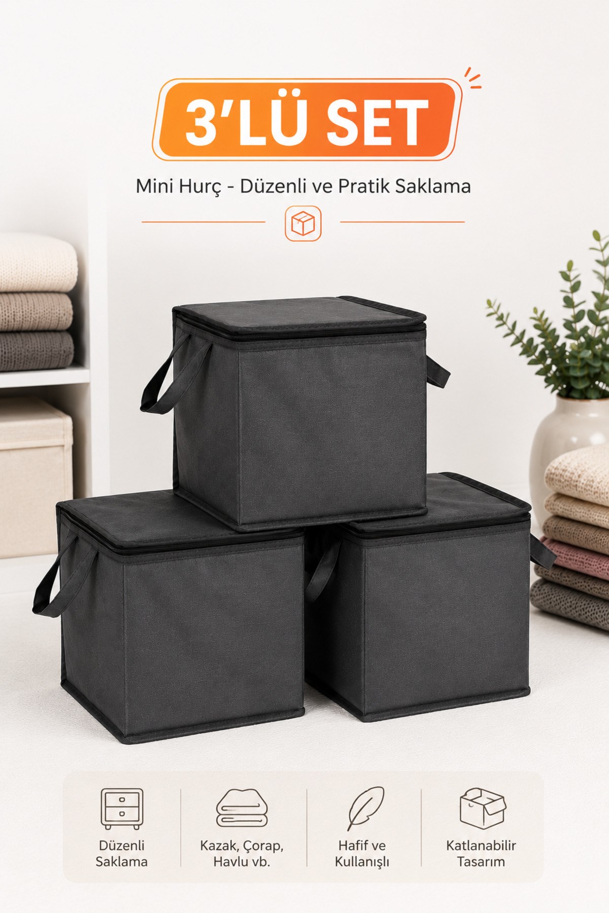 3’lü Set Mini Hurç Antrasit 25x25x25 cm Fermuarlı Çorap Kazak Havlu Saklama Hurcu