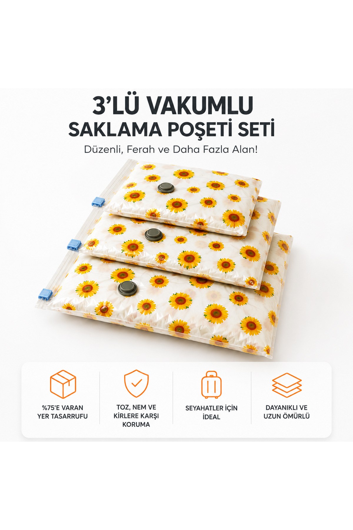 3'lü Vakumlu Hurç Saklama Seti Şeffaf Ön Yüzlü Yorgan Battaniye Kıyafet Düzenleme ve Depolama Poşeti