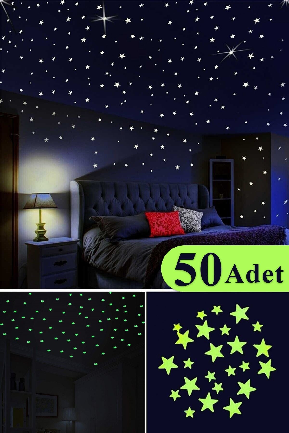 50 Adet Karanlıkta Parlayan Fosforlu Ay Ve Yıldız Tasarımlı Dekoratif Sticker