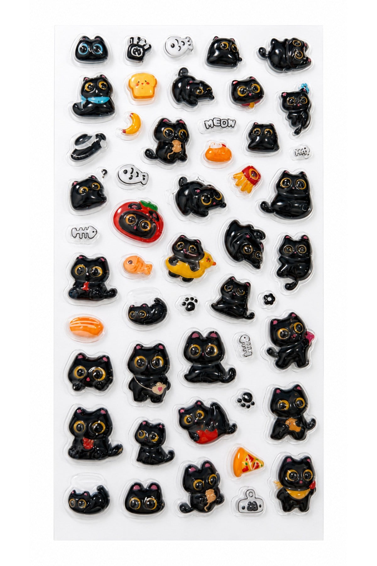 Kendinden Yapışkanlı Kabartmalı Kedili Sticker Seti – Sevimli Siyah Kedi, Pati ve Mama Motifli Dekoratif Çıkartma Süs