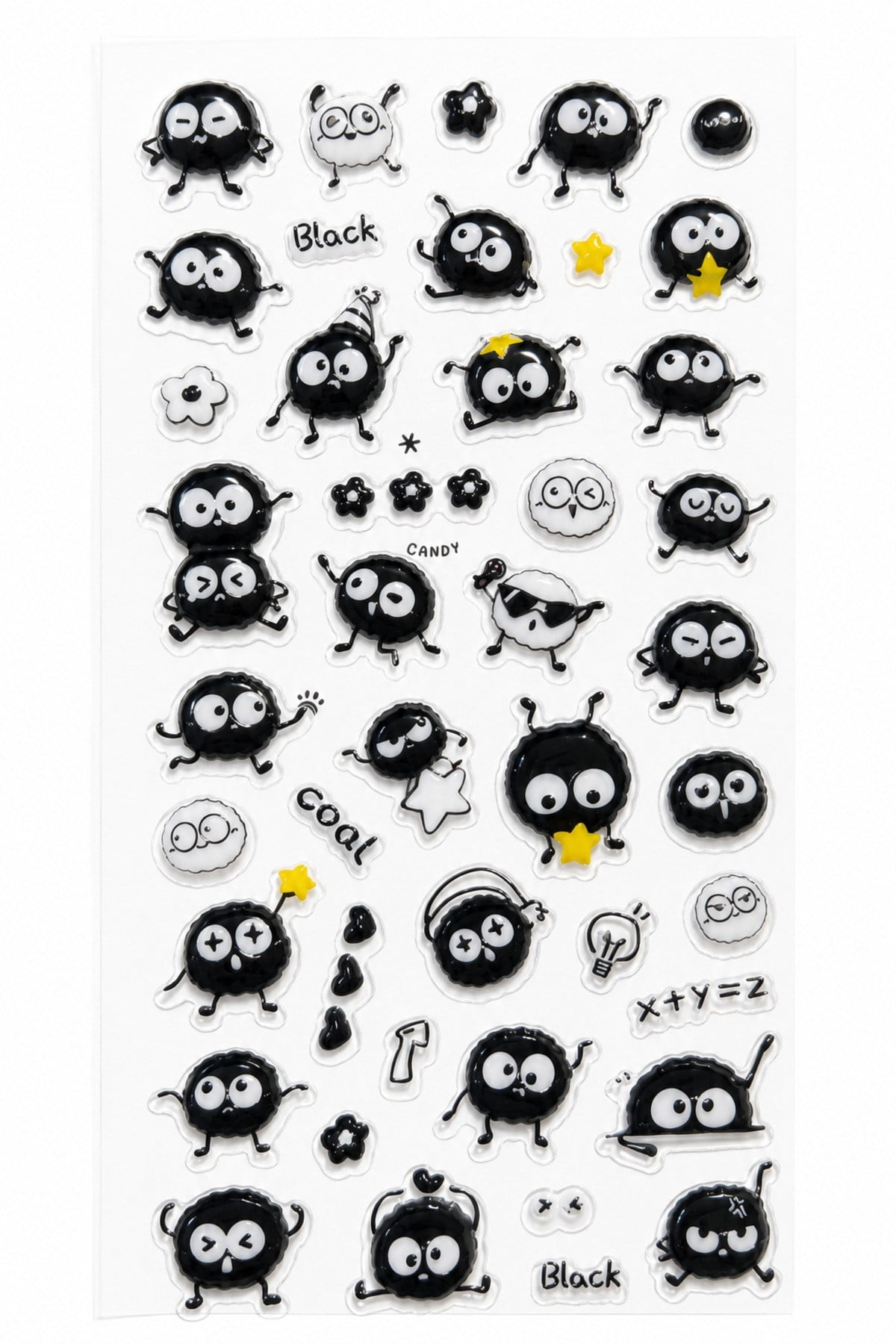 Kendinden Yapışkanlı Kabartmalı Sticker Seti – Sevimli Kömür Emoji Karakterli Dekoratif Çıkartma