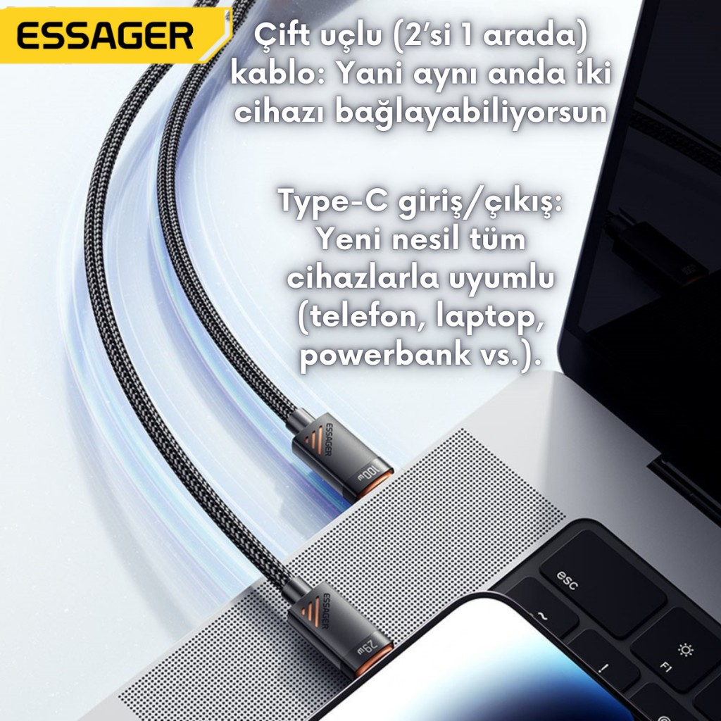 Essager 1.2 Metre 100W 2in1 Type C to 2x Type C Şarj ve Data Kablosu, Çift Cihaz Desteği, Dayanıklı Örgülü Tasarım, 