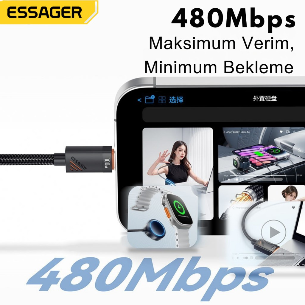Essager 1.2 Metre 100W 2in1 Type C to 2x Type C Şarj ve Data Kablosu, Çift Cihaz Desteği, Dayanıklı Örgülü Tasarım, 