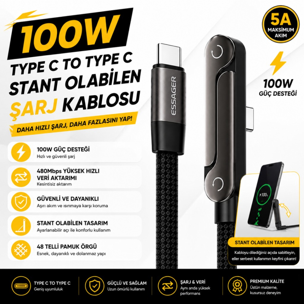 Essager 1 Metre 100W Type-C to Type-C Stant Olabilen Hızlı Şarj Kablosu 5A 480Mbps Veri Aktarımlı Örgülü Dayanıklı