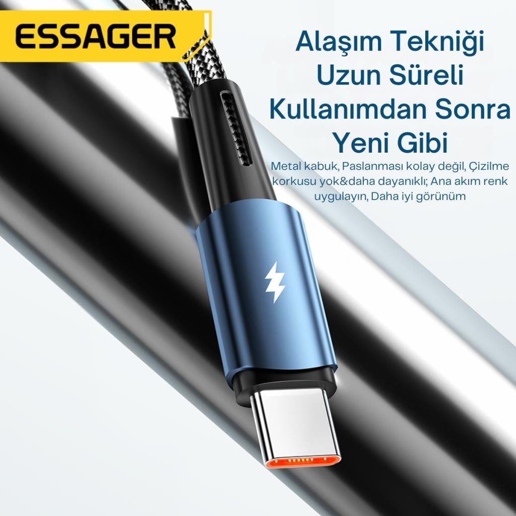 Essager 1 Metre 120W 6A PD3.1 USB to Type-C Mega Hızlı Data Şarj Kablosu, Ultra Sağlam Halat Kablo Kopmaz