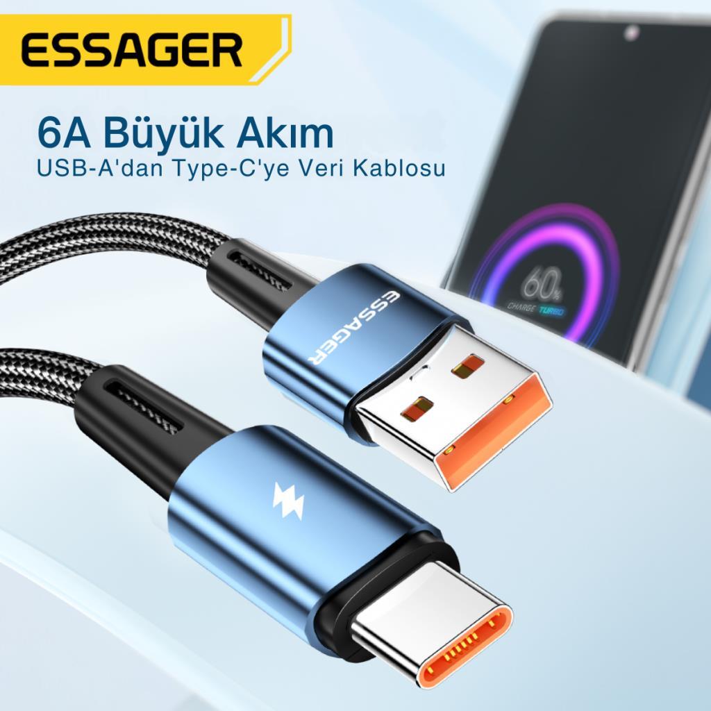 Essager 1 Metre 120W 6A PD3.1 USB to Type-C Mega Hızlı Data Şarj Kablosu, Ultra Sağlam Halat Kablo Kopmaz