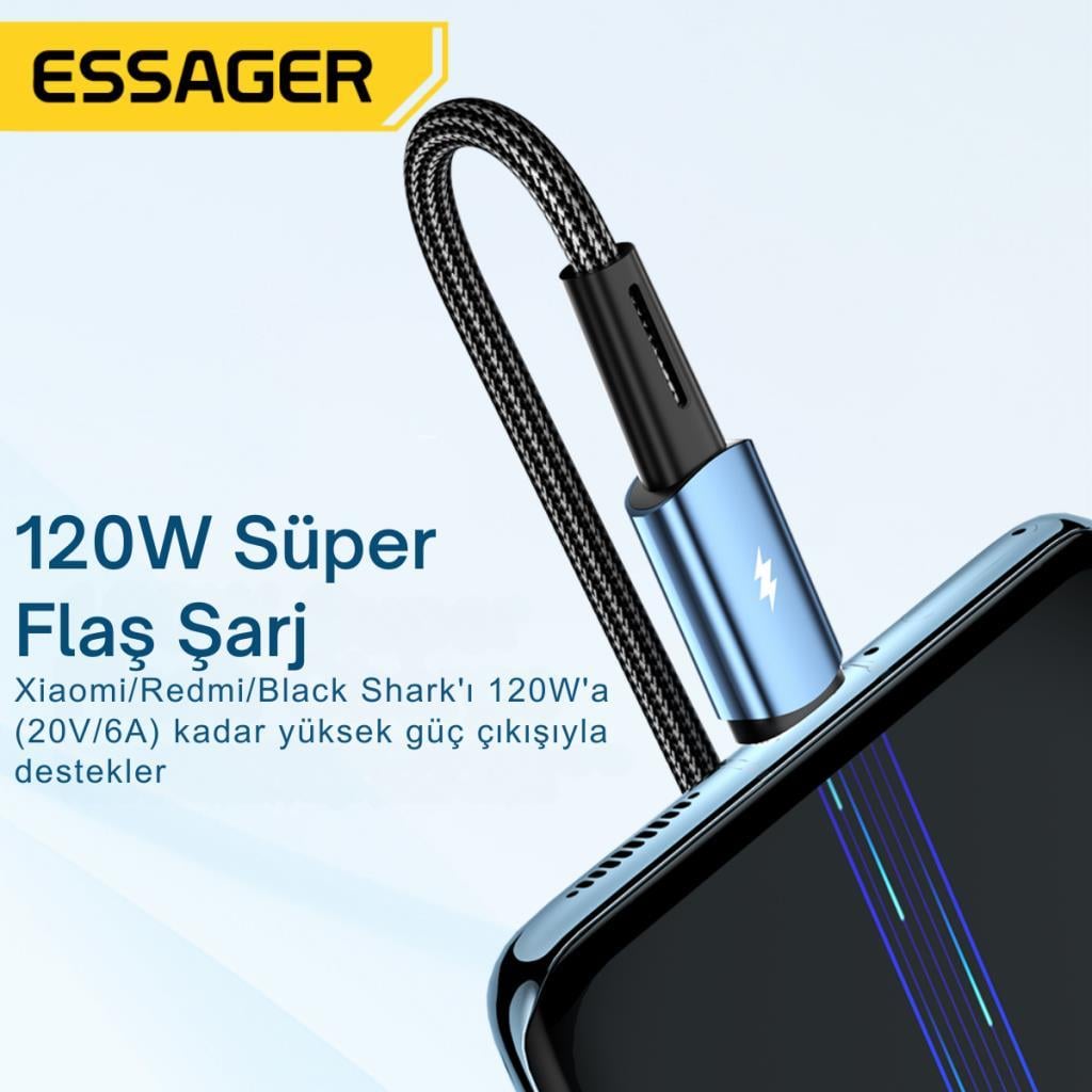 Essager 1 Metre 120W 6A PD3.1 USB to Type-C Mega Hızlı Data Şarj Kablosu, Ultra Sağlam Halat Kablo Kopmaz